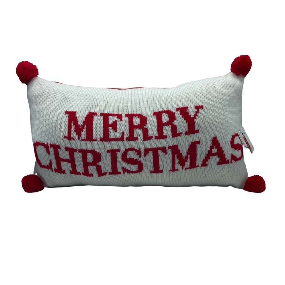 Merry Christmas Spellout Pom Poms Decorative Pillow NWT White Red 10" x 18"